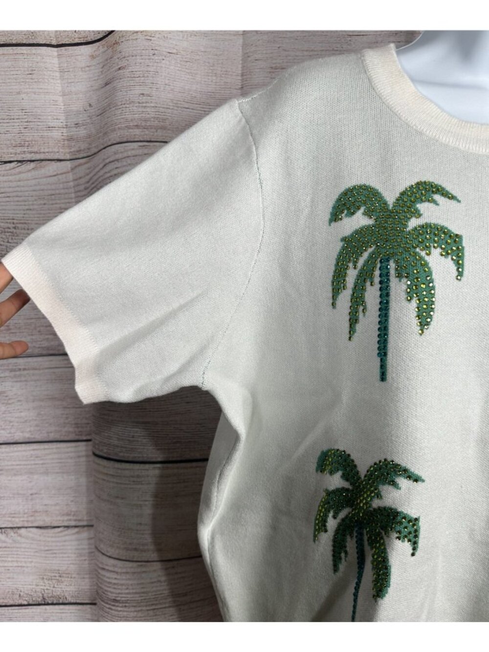 Cato Palm Tree Sweater XL Top Embellished Tropical Beige Short Sleeve NWT - Picture 3 of 11